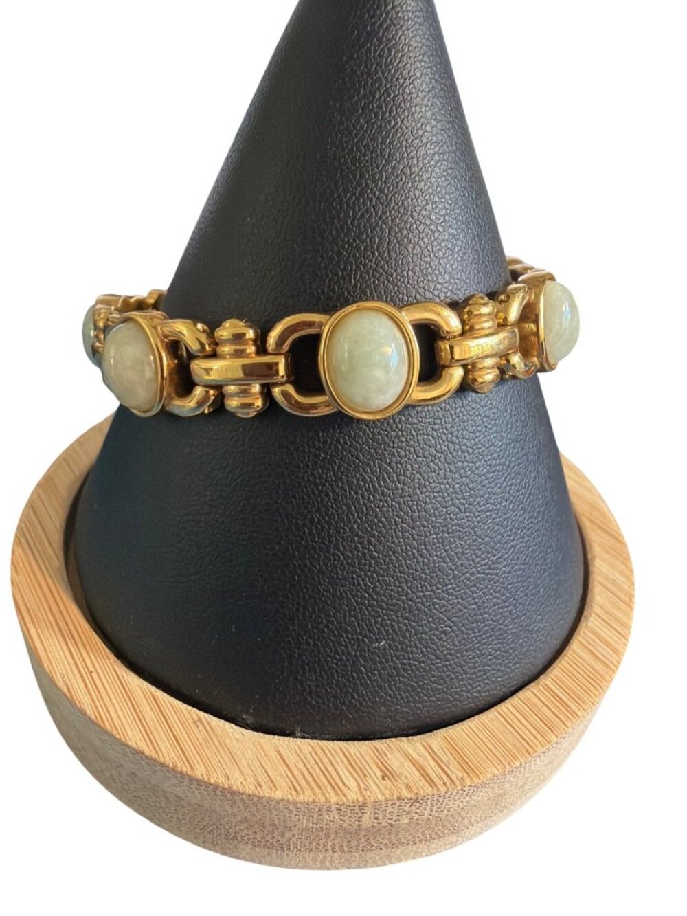 Vintage Gold Tone Bracelet Oval Jade Cabochons Articulated Links Estate 7.5"